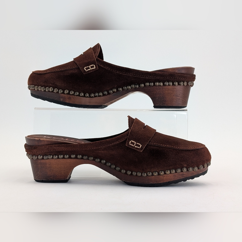 Michael Kors Women Sz 8 Studded Italian-Made Brown Suede Leather Clog Wood-Soles - Picture 9 of 17
